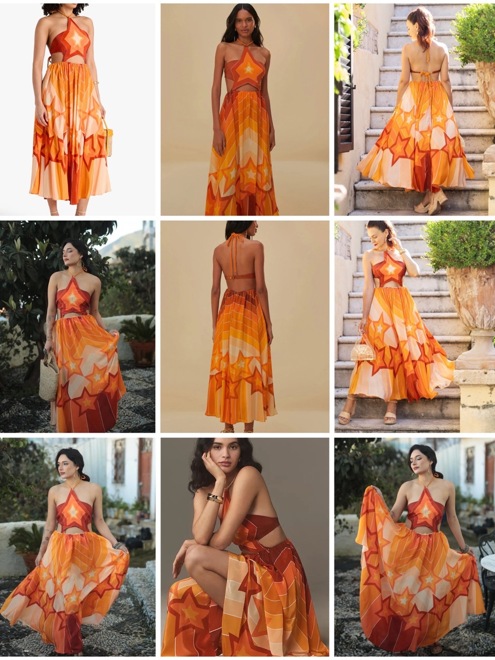 NWOT FARM Rio Orange and Yellow Star-Print Halter Maxi Dress